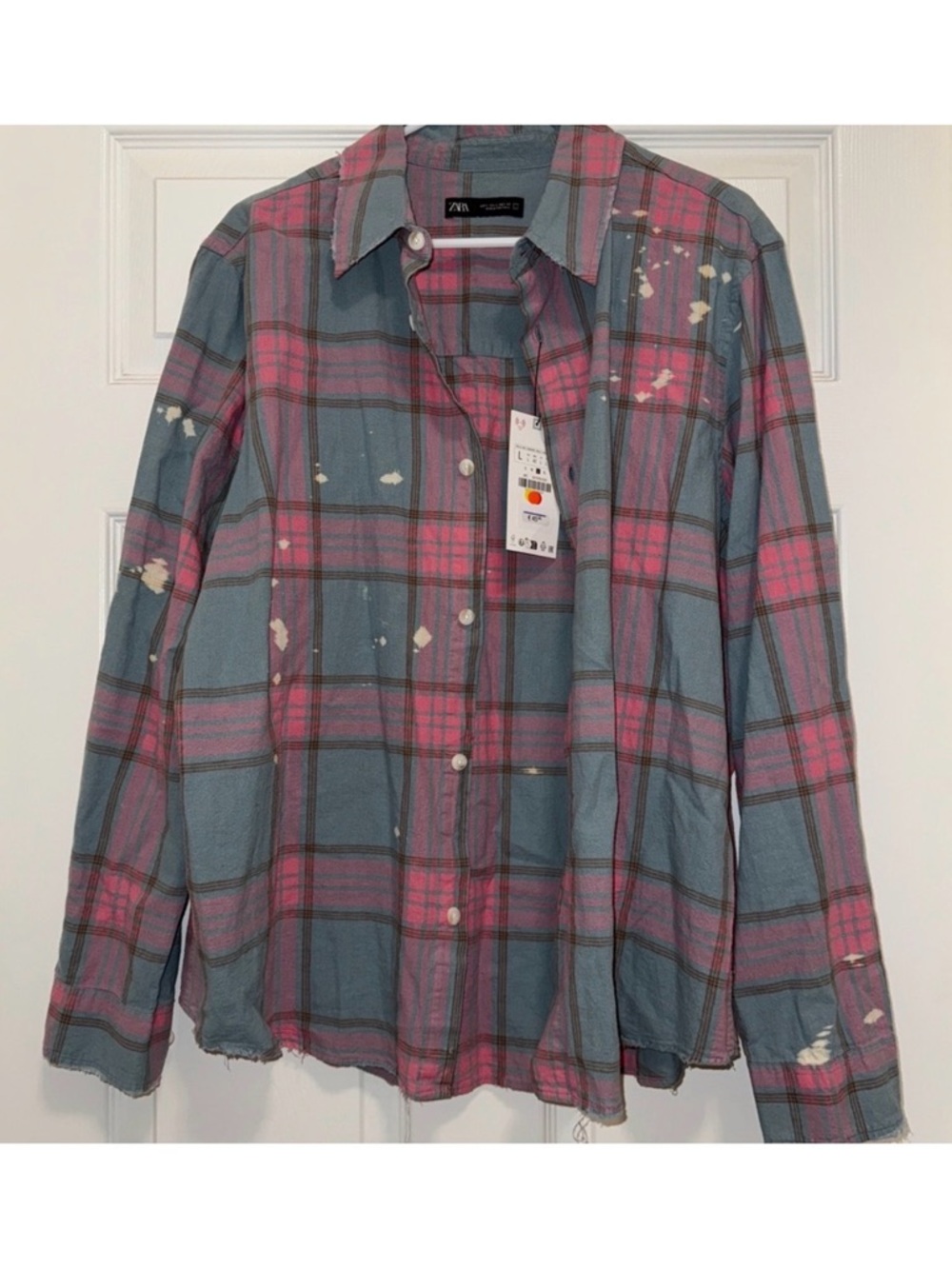 Zara Pink & Blue Plaid Long-Sleeve Button-Up Shirt